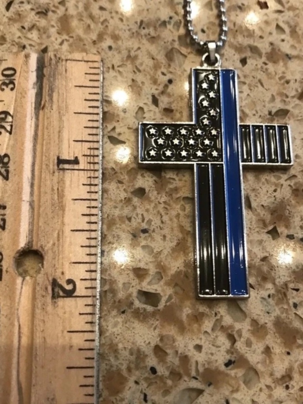 Thin Blue Line Cross Necklace American Flag Police Pendant 28” Chain NEW